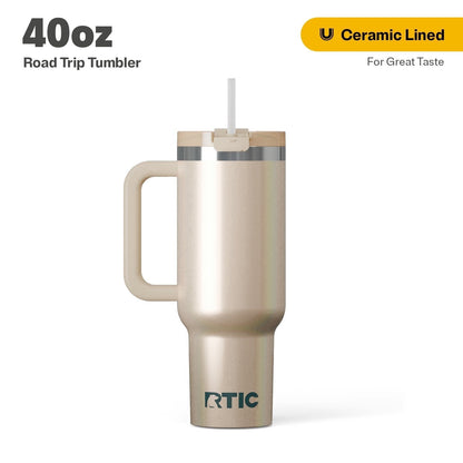RTIC 40 oz Ceramic Lined Road Trip Tumbler with Handle and Leak-Resistant Straw Lid, White Glitter