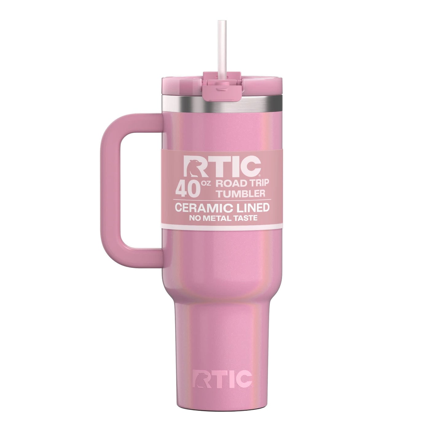 RTIC 40 oz Ceramic Lined Road Trip Tumbler with Handle and Leak-Resistant Straw Lid, White Glitter