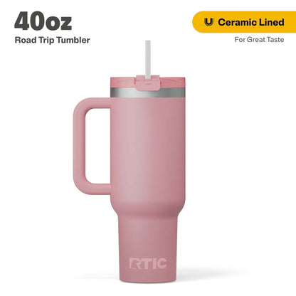 RTIC 40 oz Ceramic Lined Road Trip Tumbler with Handle and Leak-Resistant Straw Lid, Beach