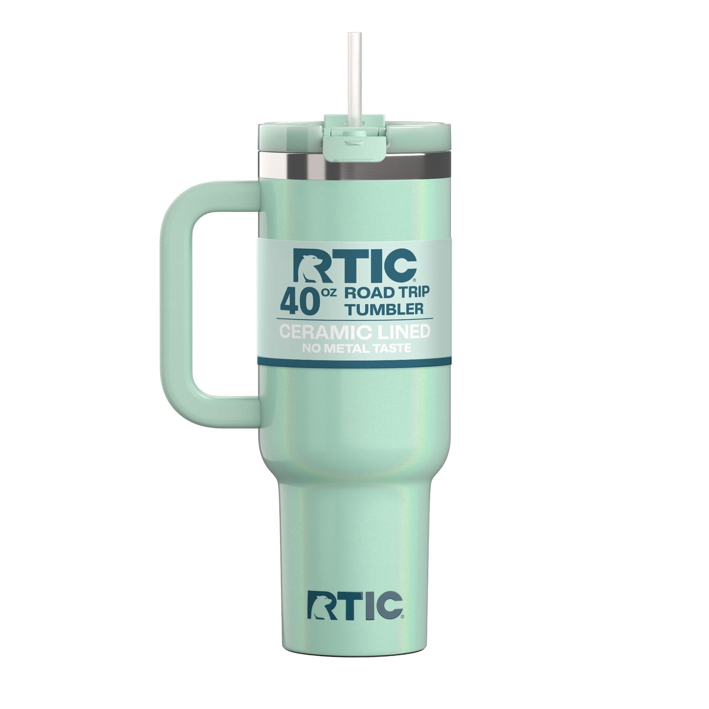 RTIC 40 oz Ceramic Lined Road Trip Tumbler with Handle and Leak-Resistant Straw Lid, White Glitter
