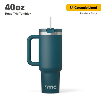 RTIC 40 oz Ceramic Lined Road Trip Tumbler with Handle and Leak-Resistant Straw Lid, White Glitter