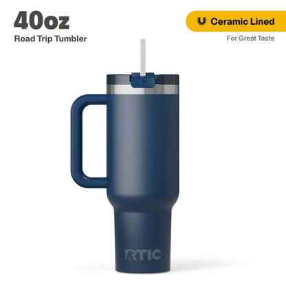 RTIC 40 oz Ceramic Lined Road Trip Tumbler with Handle and Leak-Resistant Straw Lid, Beach