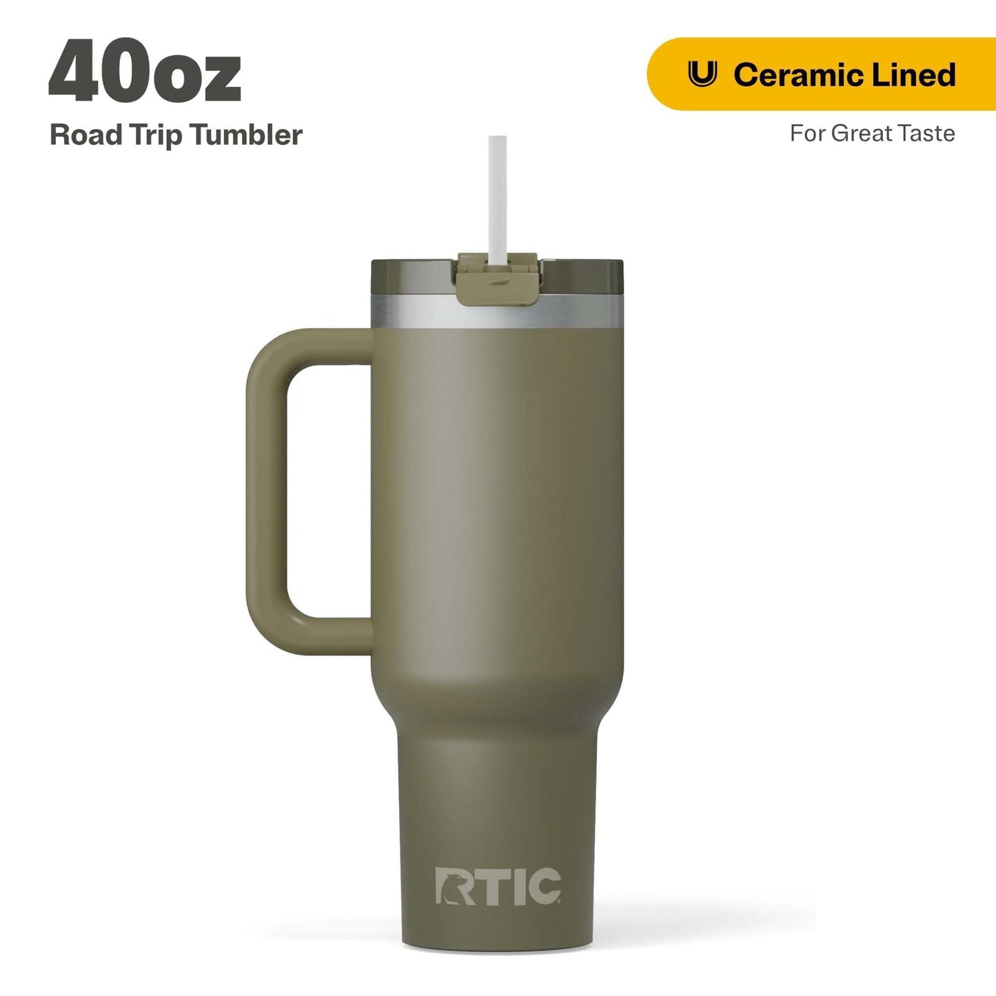 RTIC 40 oz Ceramic Lined Road Trip Tumbler with Handle and Leak-Resistant Straw Lid, White Glitter