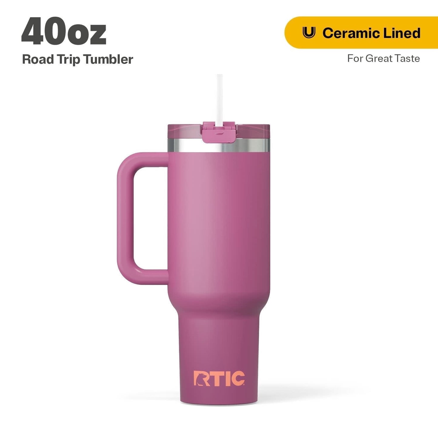 RTIC 40 oz Ceramic Lined Road Trip Tumbler with Handle and Leak-Resistant Straw Lid, White Glitter