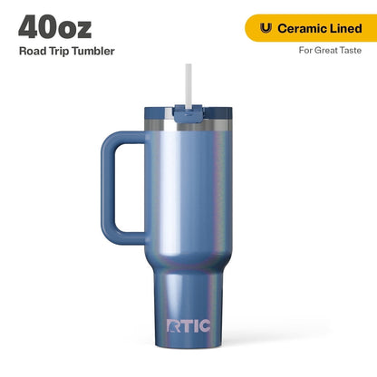 RTIC 40 oz Ceramic Lined Road Trip Tumbler with Handle and Leak-Resistant Straw Lid, White Glitter