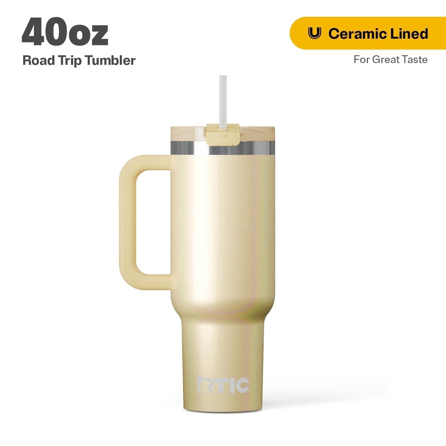 RTIC 40 oz Ceramic Lined Road Trip Tumbler with Handle and Leak-Resistant Straw Lid, White Glitter