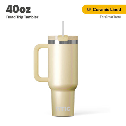 RTIC 40 oz Ceramic Lined Road Trip Tumbler with Handle and Leak-Resistant Straw Lid, Beach
