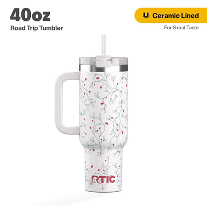 RTIC 40 oz Ceramic Lined Road Trip Tumbler, Leak-Resistant Straw Lid, Christmas, Holiday, Red Plaid