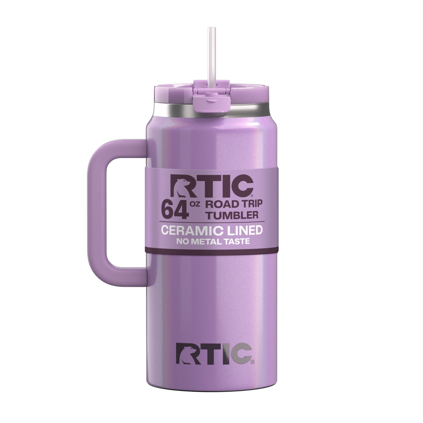 RTIC 64 oz Ceramic Lined Road Trip Tumbler with Handle and Leak-Resistant Straw Lid, White Glitter