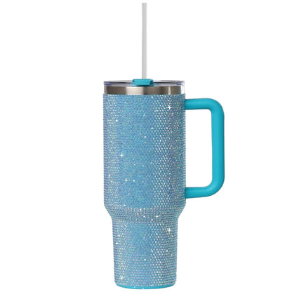 STP GOODS Stainless Steel Rhinestone Insulated Tumbler with Handle Lid and Straw 40 fl oz (1200 ml) Double-Wall Travel Mug, Light Green