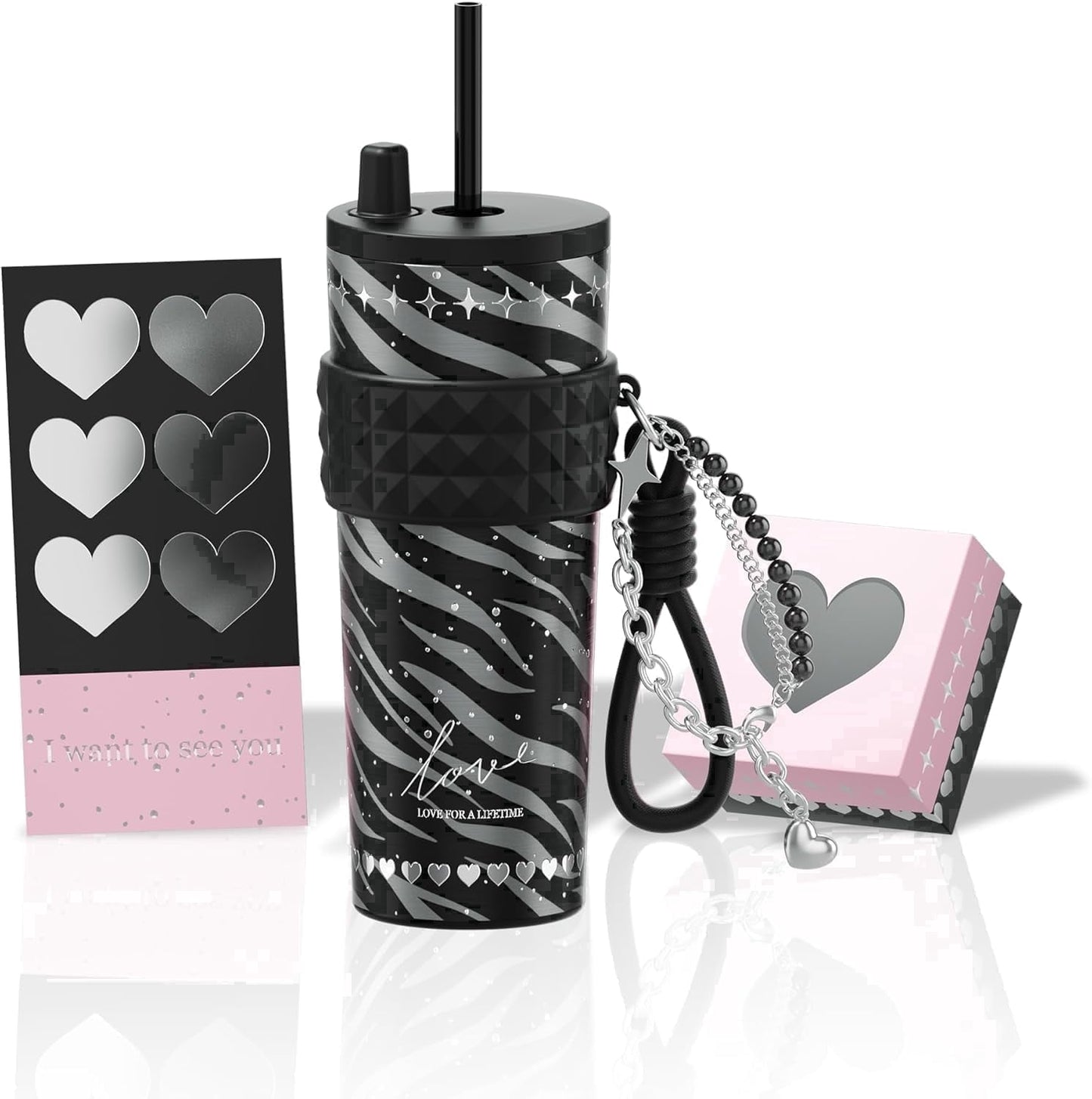 Sidagar 24oz Ceramic Coated Insulated Tumbler with Straw, Gift Travel Mug for Women and Couples, Pink