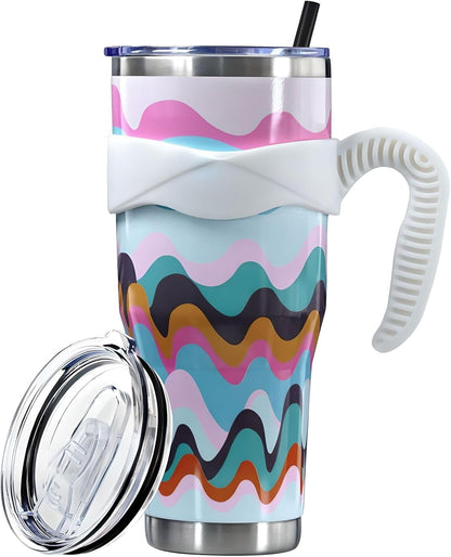 Sunmdecor Pink Leopard Print Tumbler with Handle and Silicone Straws - 40 Oz Cheetah Insulated Tumbler - Leopard Cup Gift for Women