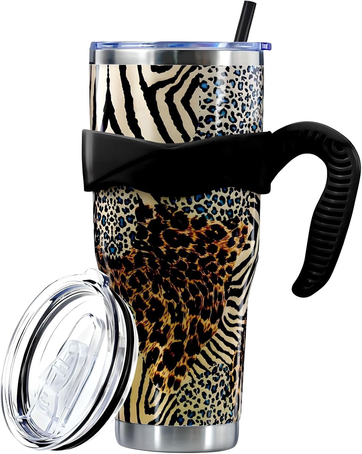 Sunmdecor Pink Leopard Print Tumbler with Handle and Silicone Straws - 40 Oz Cheetah Insulated Tumbler - Leopard Cup Gift for Women