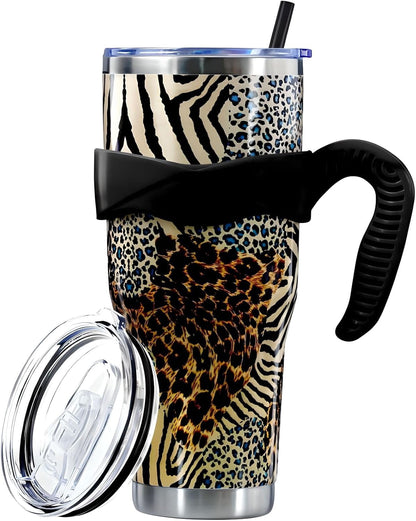 Sunmdecor Pink Leopard Print Tumbler with Handle and Silicone Straws - 40 Oz Cheetah Insulated Tumbler - Leopard Cup Gift for Women
