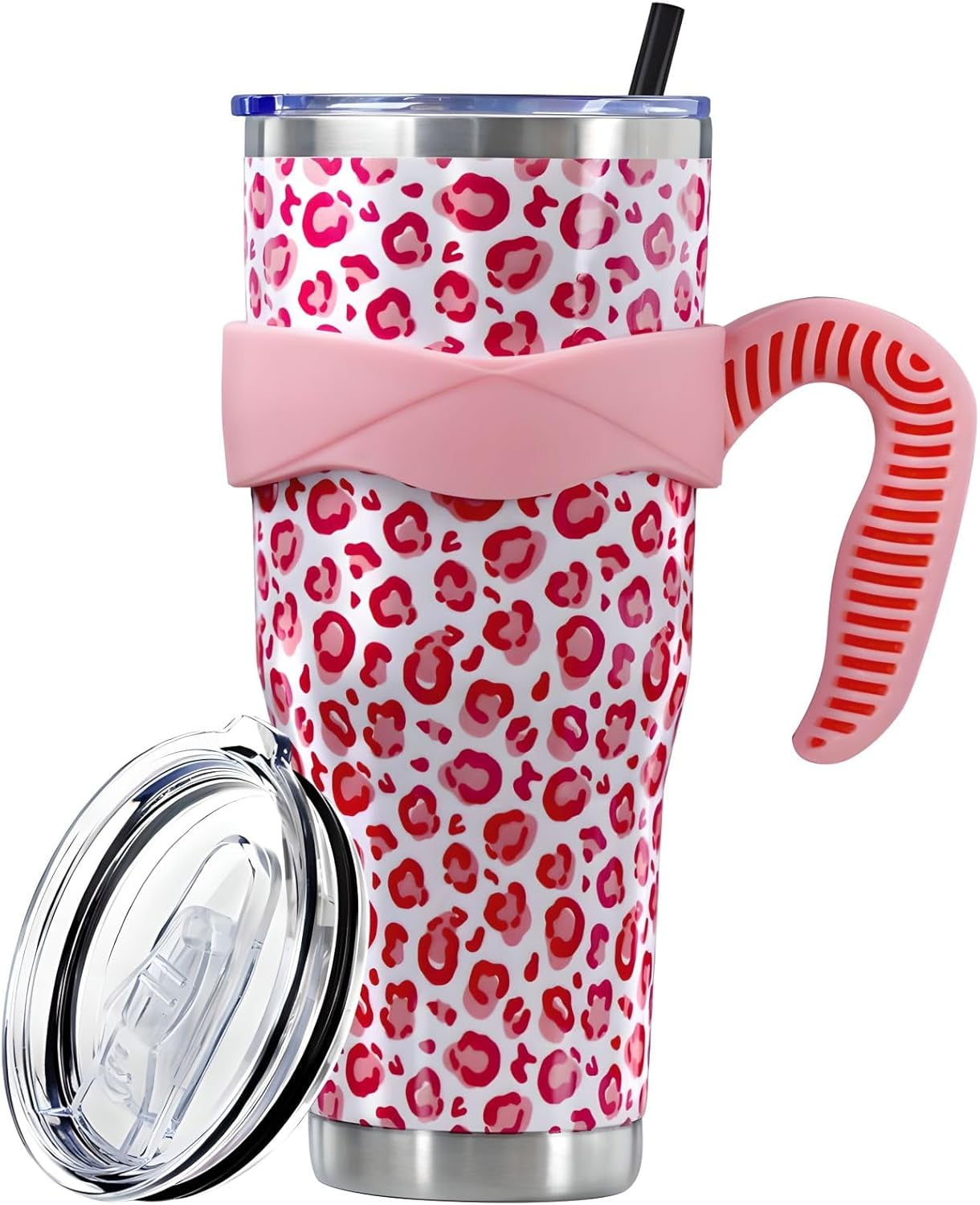 Sunmdecor Pink Leopard Print Tumbler with Handle and Silicone Straws - 40 Oz Cheetah Insulated Tumbler - Leopard Cup Gift for Women