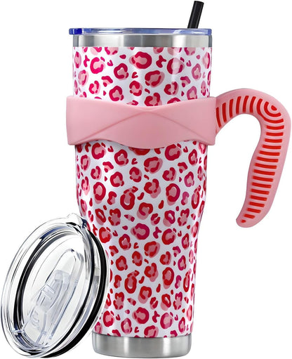 Sunmdecor Pink Leopard Print Tumbler with Handle and Silicone Straws - 40 Oz Cheetah Insulated Tumbler - Leopard Cup Gift for Women