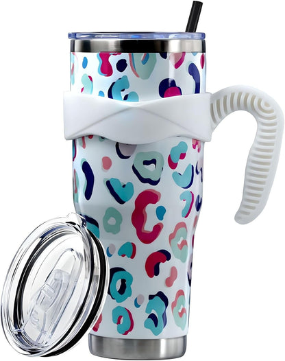 Sunmdecor Pink Leopard Print Tumbler with Handle and Silicone Straws - 40 Oz Cheetah Insulated Tumbler - Leopard Cup Gift for Women