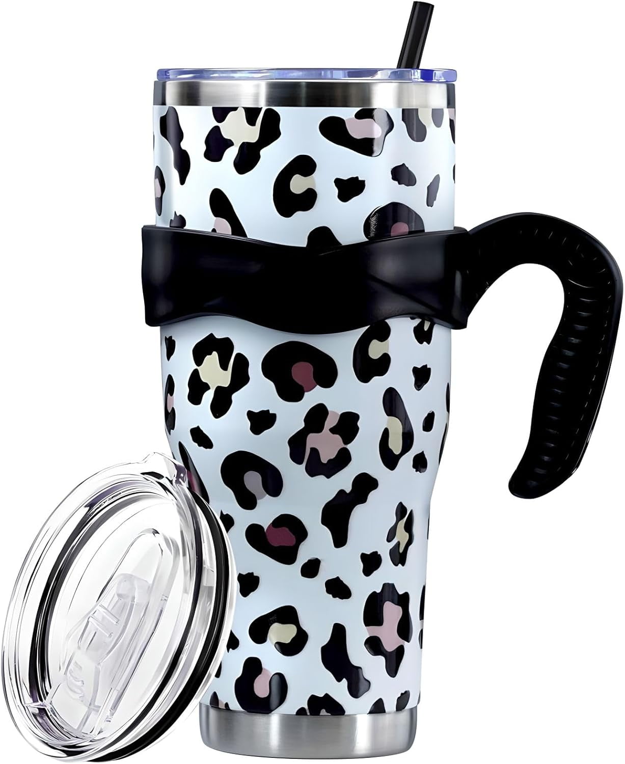 Sunmdecor Pink Leopard Print Tumbler with Handle and Silicone Straws - 40 Oz Cheetah Insulated Tumbler - Leopard Cup Gift for Women