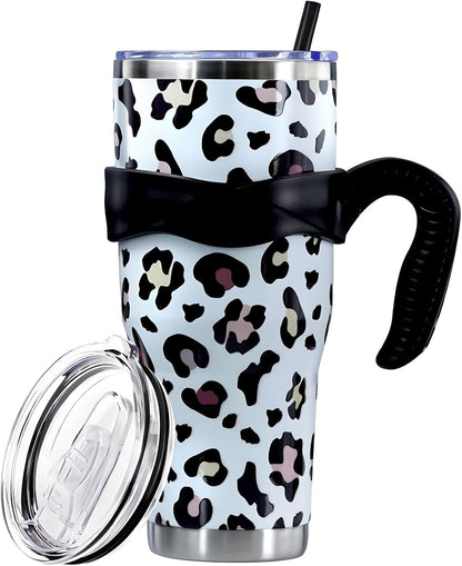 Sunmdecor Pink Leopard Print Tumbler with Handle and Silicone Straws - 40 Oz Cheetah Insulated Tumbler - Leopard Cup Gift for Women