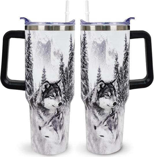 Wolf Lovers Gifts Wolf Tumbler Cup With Lid and Straw 40OZ Stainless Steel Insulated Travel Mug Water Bottle