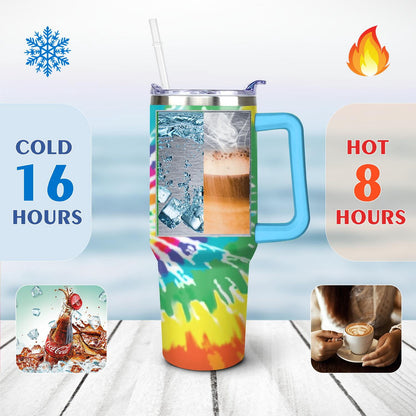 40oz Boho Tie Dye Stainless Steel Flip Straw Tumbler Spill Proof Travel Cup Double Wall Vacuum Insulated Coffee Mug with Top Handle