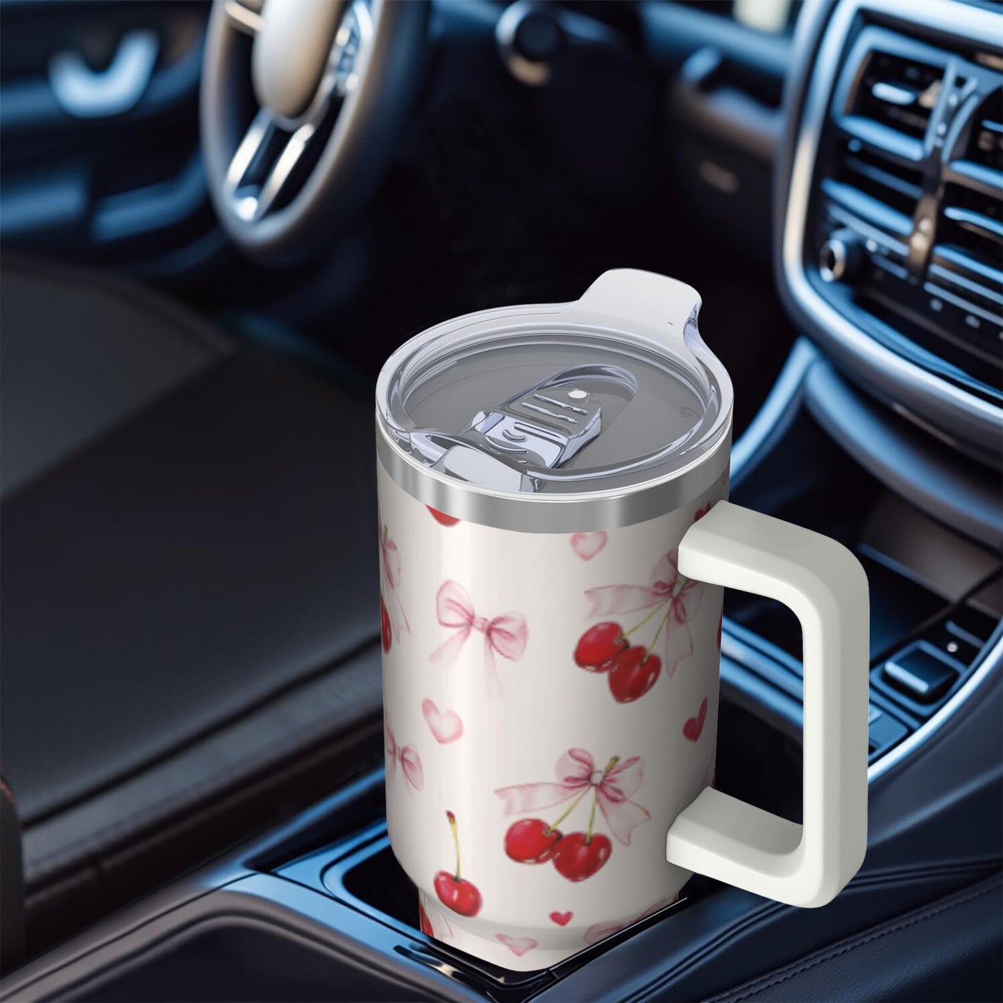 1pc cherry 40oz Tumbler with Straw & Handle - Insulated Stainless Steel Cup | Holiday Gift for Man Women (Christmas, Valentine's, Birthday)