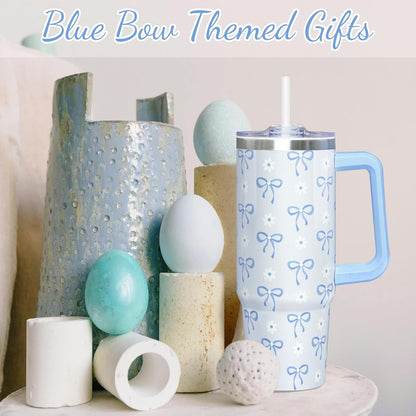 30 Oz Blue Bow Tumbler with Handle and Straw, Insulated Stainless Steel Coffee Travel Cup Mug Water Bottle, Blue Bow Themed Gifts for Women Teen Girl