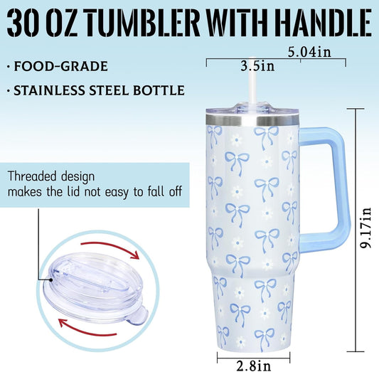 30 Oz Blue Bow Tumbler with Handle and Straw, Insulated Stainless Steel Coffee Travel Cup Mug Water Bottle, Blue Bow Themed Gifts for Women Teen Girl