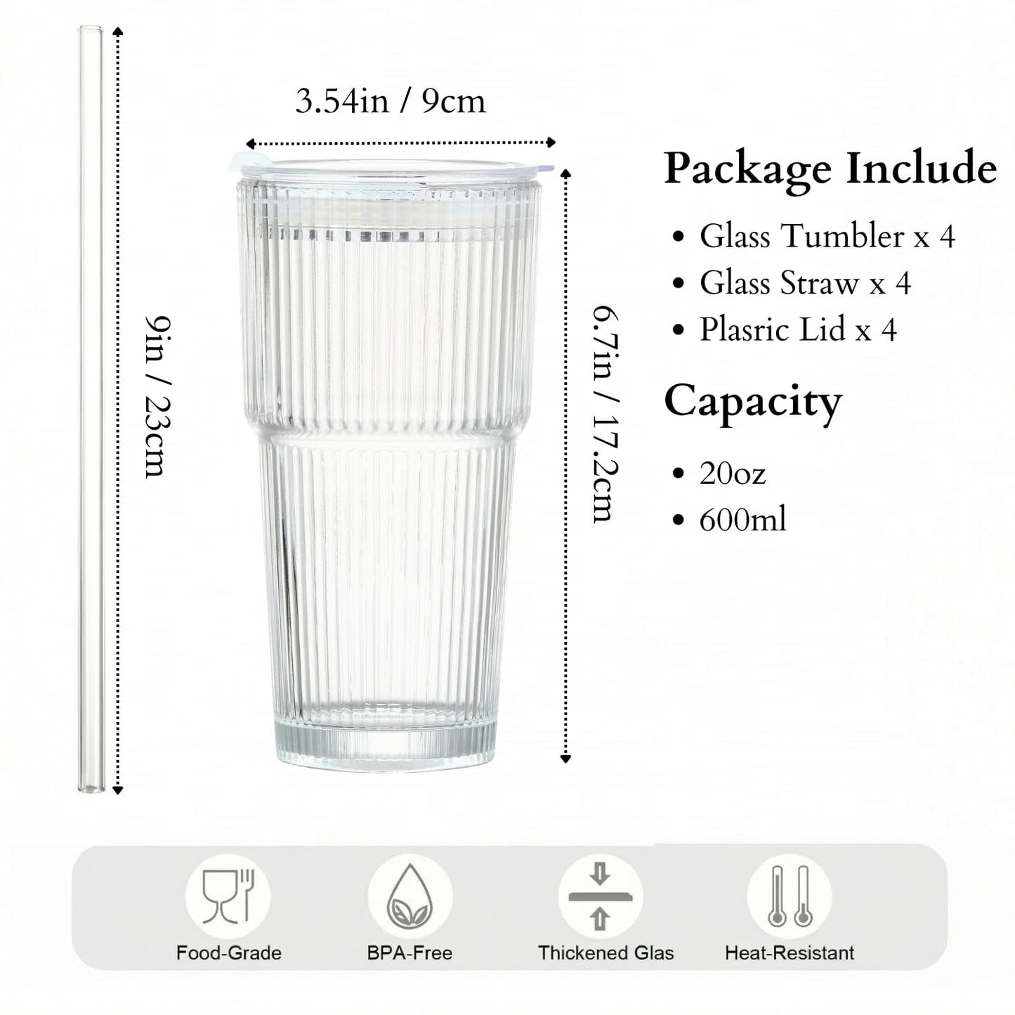 20 oz Clear Ribbed Glass Tumbler with Lid and Straw, Spill-proof Iced Coffee Cups, Hobnail Drinking Set of 4, Vintage Glassware